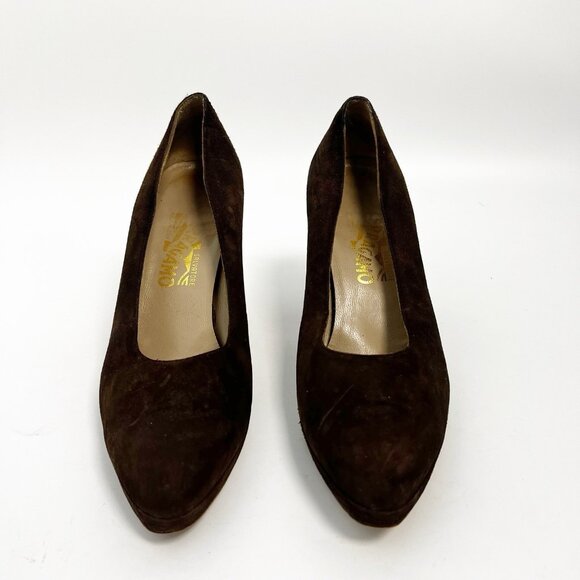 Salvatore Ferragamo Suede Leather Heels Pumps Brown Vintage Shoes Womens Sz 9 B - Picture 4 of 10